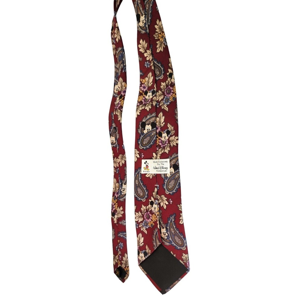 Vintage Walt Disney Silk Tie MICKEY Mouse Red Paisley Floral & Leaves 59" - Picture 4 of 8